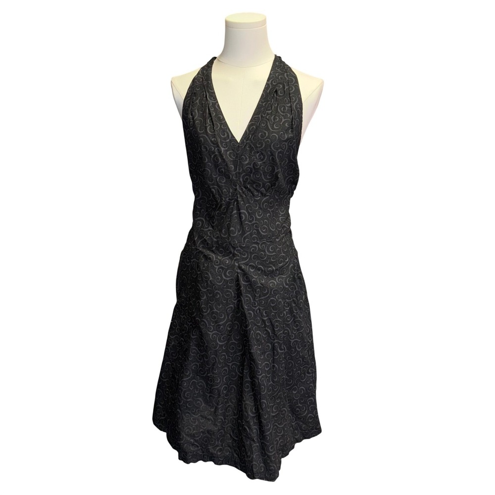 Black Grey Swirl Print Halter V-Neck Fit & Flare Knee Length Dress Womens